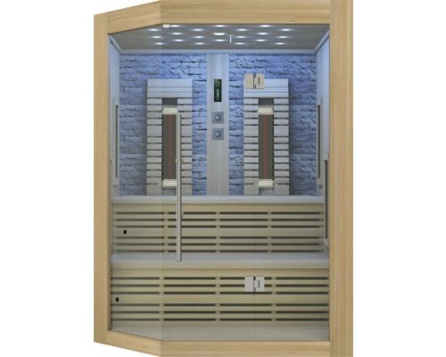 Vnitřní pohled na saunu s dřevěnými lavicemi a infračervenými zářiči před kamennou zdí