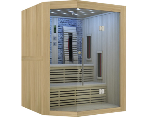 Vnitřní pohled na saunu s lavicemi a skleněnou přední stěnou