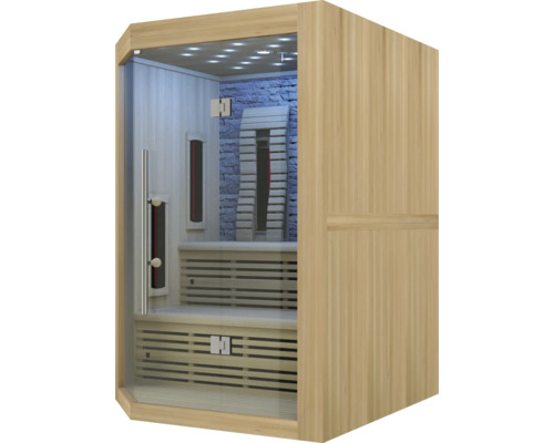 Infrasauna ze dřeva s prosklenými dveřmi a lavicemi
