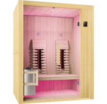 Sauna s prosklenou přední stěnou, dřevěnými lavicemi a saunovými kamny