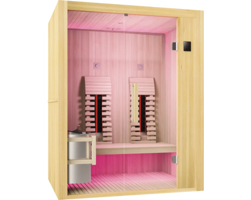 Sauna s prosklenou přední stěnou, dřevěnými lavicemi a saunovými kamny