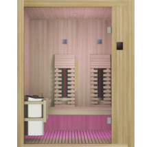 Vnitřní pohled na saunu s dřevěným vybavením a infračervenými zářiči