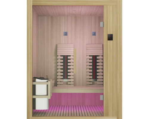 Vnitřní pohled na saunu s dřevěným vybavením a infračervenými zářiči