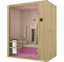 Sauna ze dřeva s prosklenými dveřmi a vnitřním vybavením