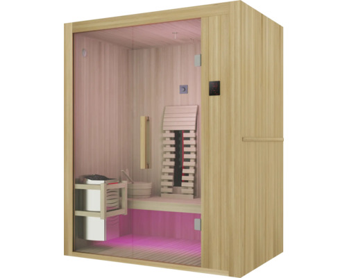 Sauna ze dřeva s prosklenými dveřmi a vnitřním vybavením