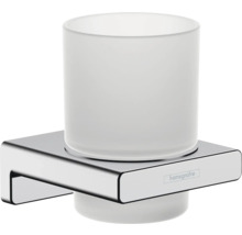 Logo společnosti Hansgrohe. Kelímek na zubní kartáčky s držákem pro montáž na stěnu.