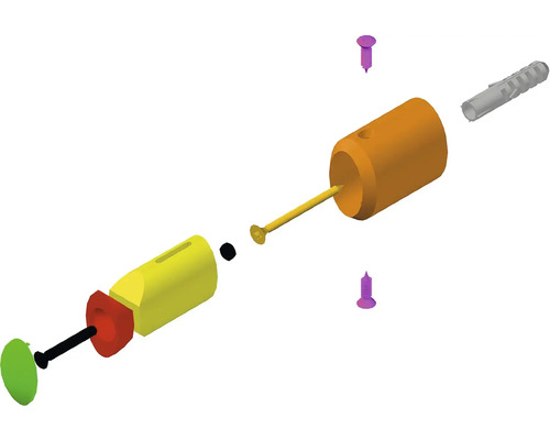 Rozkreslený nákres nástroje s hmoždinkou, šrouby a těsnicím kroužkem