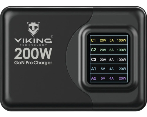 Síťový adaptér VIKING VCH200PD 200W 2x USB-A QC, 3x USB-C PD