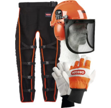 Sada lesnického oblečení skládající se z laclových kalhot, ochranné přilby se štítem a chrániči sluchu a rukavic