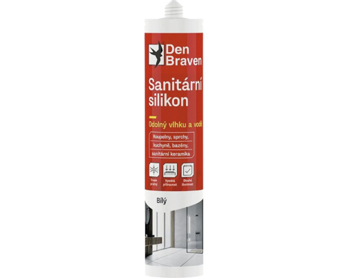 Sanitární silikon DEN BRAVEN 280 ml bílý Sanitární silikon Den Braven, odolný vlhku a vodě, pro koupelny, sprchy, kuchyně, bazény a sanitární keramiku