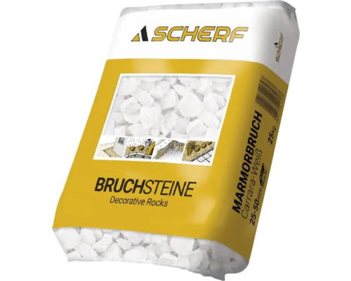 Kamenná drť mramorová kararská 25–50 mm bílá balení 25 kg Scherf Mramorová drť Carrara bílá 25-50 mm v 25 kg pytli