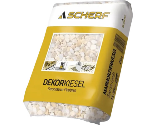 Štěrk mramorový 15–25 mm sienská žlutá balení 25 kg Okrasný štěrk Scherf Siena-Yellow, mramorový štěrk 15-25 mm v 25 kilogramovém pytli