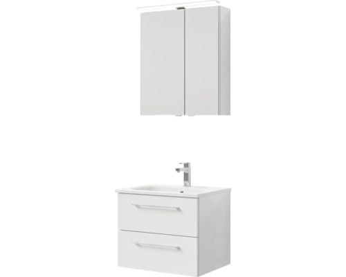 Bílé umyvadlo se dvěma zásuvkami, umyvadlem a zrcadlovou skříňkou s osvětlením