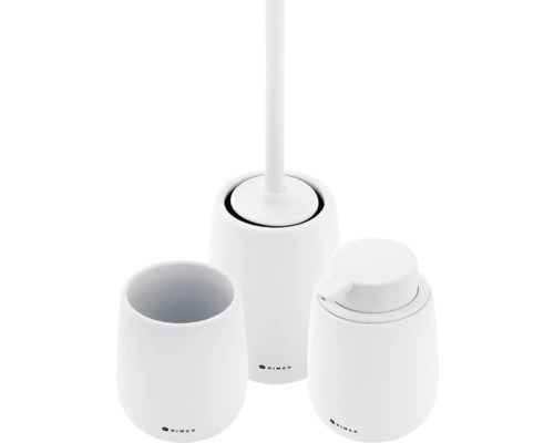 Bílá koupelnová sada s dávkovačem mýdla, kelímkem a WC kartáčem