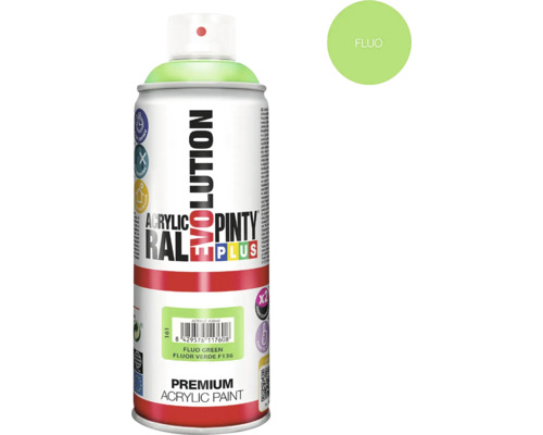Barva ve spreji PINTYPLUS EVO 400ml F136 fluorescenční zelený Evolution sprej, fluorescenční zelená, akrylová barva