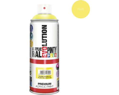 Barva ve spreji PINTYPLUS EVO 400ml F146 fluorescenční žlutý Sprej s žlutou akrylovou barvou