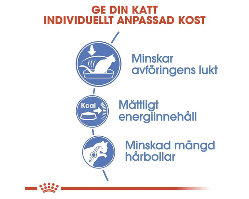 Informace o snížení zápachu stolice, mírném obsahu energie a sníženém množství chlupových smotků v krmivu pro kočky