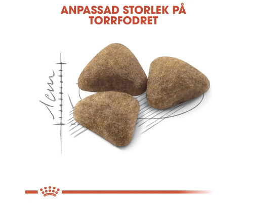 Tři kousky suchého krmiva s uvedením velikosti