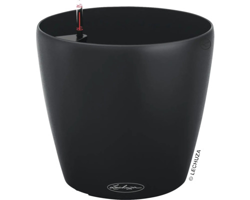 Černý květináč s ukazatelem hladiny vody
