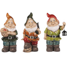 Tři zahradní trpaslíci s různými doplňky