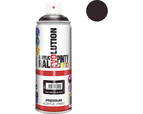 Barva ve spreji PINTYPLUS EVO 400ml RAL9005 černá lesklá Sprej s akrylovou barvou, odstín Jet Black RAL 9005