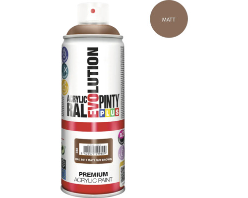 Barva ve spreji PINTYPLUS EVO 400ml RAL8011 mat oříškově hnědá Sprej s akrylovou barvou, odstín ořechově hnědá matná RAL 8011