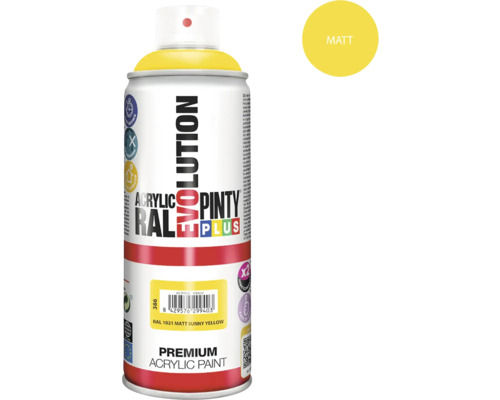 Barva ve spreji PINTYPLUS EVO 400ml RAL1021 mat žlutá hořčičná Sprej s akrylovou barvou, RAL 1021 Matná sluneční žlutá