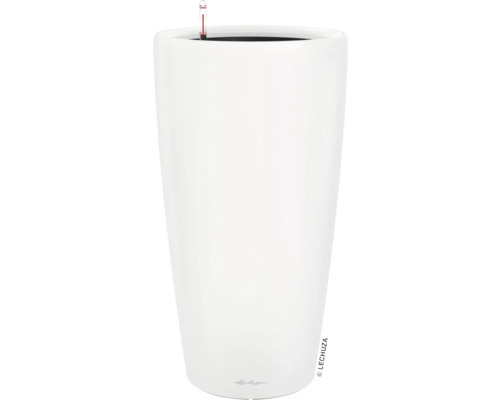 Bílý květináč s ukazatelem hladiny vody