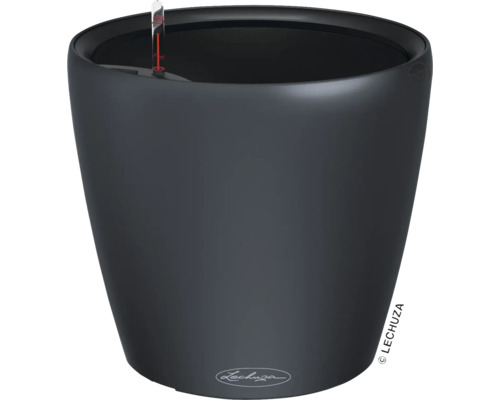 Černý květináč s ukazatelem hladiny vody