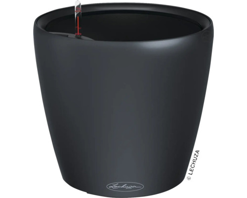 Černý květináč s ukazatelem hladiny vody