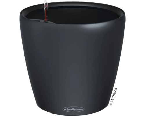 Černý květináč s ukazatelem hladiny vody