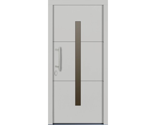 Moderní vchodové dveře s klikou a obdélníkovou skleněnou vložkou