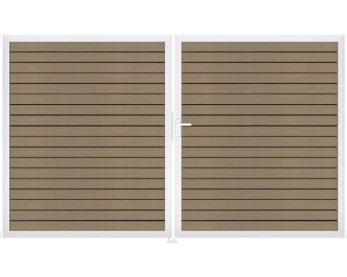 Dvoukřídlá brána s vodorovnými lamelami a bílým rámem