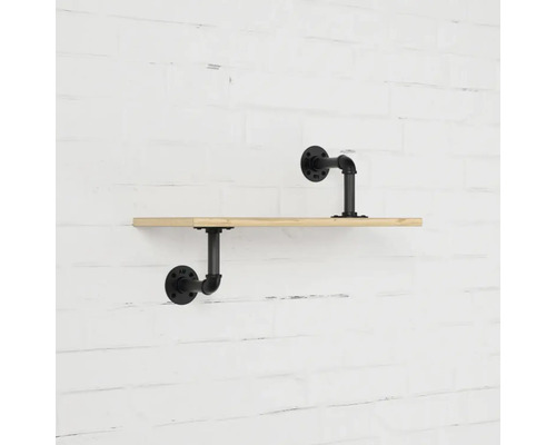 Nástěnná police s dřevěnou deskou a trubkovými upevněními