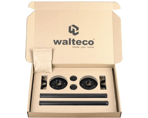 Otevřená krabice s díly držáku police od společnosti walteco