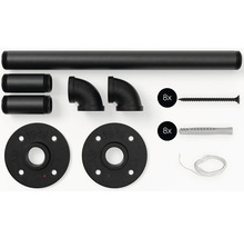 Černá sada polic s trubkou, trubkovým kolenem, přírubou, šrouby a hmoždinkami