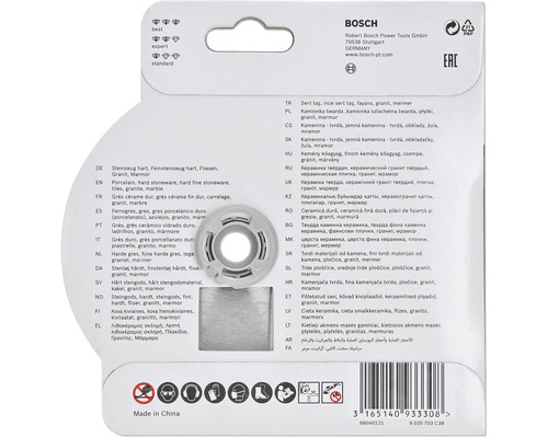 Zadní strana obalu Bosch s informacemi o materiálech a oblastech použití