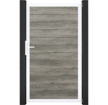 Zahradní branka s dřevěnou strukturou a bílým rámem