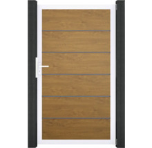 Zahradní branka s dekorem dřeva a vodorovnými ozdobnými lištami