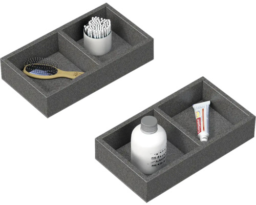 Dva šedé úložné boxy s kosmetickými produkty