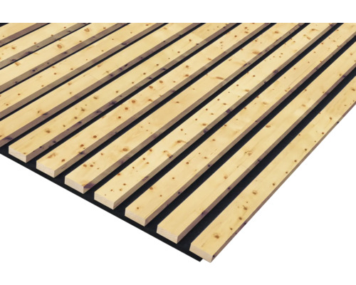 Akustický panel 18x572x 2400 mm borovice masivní Dřevěný panel s lamelovou strukturou pro obložení stěn nebo stropů