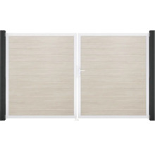 Dvoukřídlá brána s vodorovným vzhledem dřeva a bílým rámem