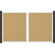 Zahradní brána s dřevěnou výplní a bílým rámem