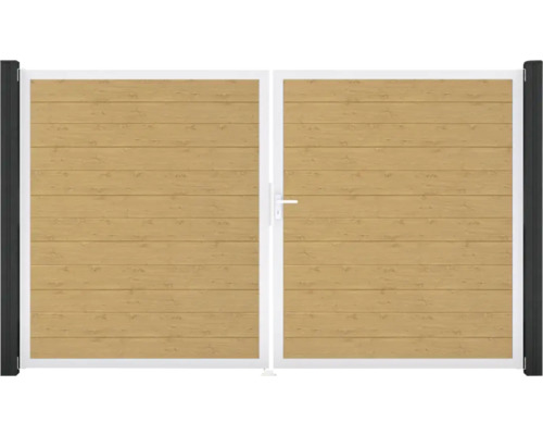 Zahradní brána s dřevěnou výplní a bílým rámem