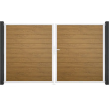 Dvoukřídlá brána se vzhledem dřeva a madlem