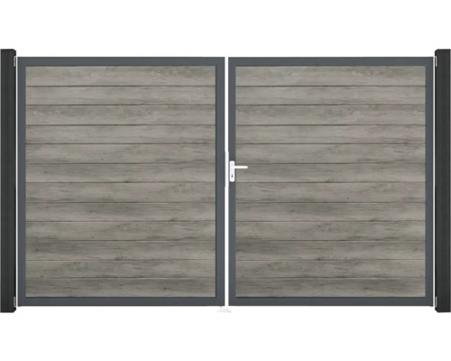 Dvoukřídlá brána s dřevěnou strukturou a rukojetí