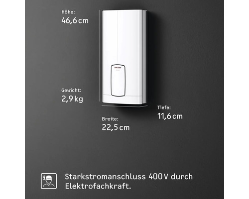 Elektrický ohřívač vody o rozměrech 46,6 cm výška, 2,9 kg hmotnost, 22,5 cm šířka a 11,6 cm hloubka.