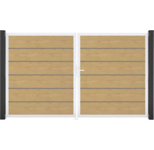 Dvoukřídlá brána s dřevěnou strukturou a kovovým rámem