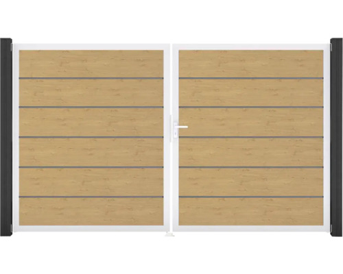 Dvoukřídlá brána s dřevěnou strukturou a kovovým rámem