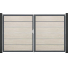 Dvoukřídlá brána s dřevěnou strukturou a rukojetí